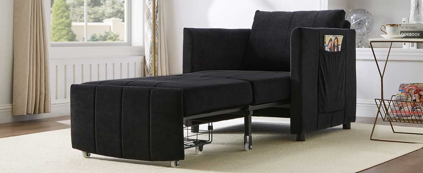 Upholstered Convertible Sleeper Sofa, 31.5" Pull Out Sofa Bed with 5-Position Adjustable Backrest, Side Pockets and a Storage Basket, Fold Out Chair Bed, Lounger For Living Room, Apartment, Black - luxuryhomedecoridea.com