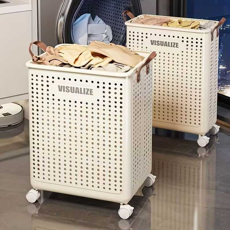 Collapsible Laundry Basket with Wheels, Medium-Large White Ceramic Look Hamper with Faux Leather Handles, Portable and Durable Clothes Storage Bin for Bathroom, Balcony, and Home Organization - luxuryhomedecoridea.com