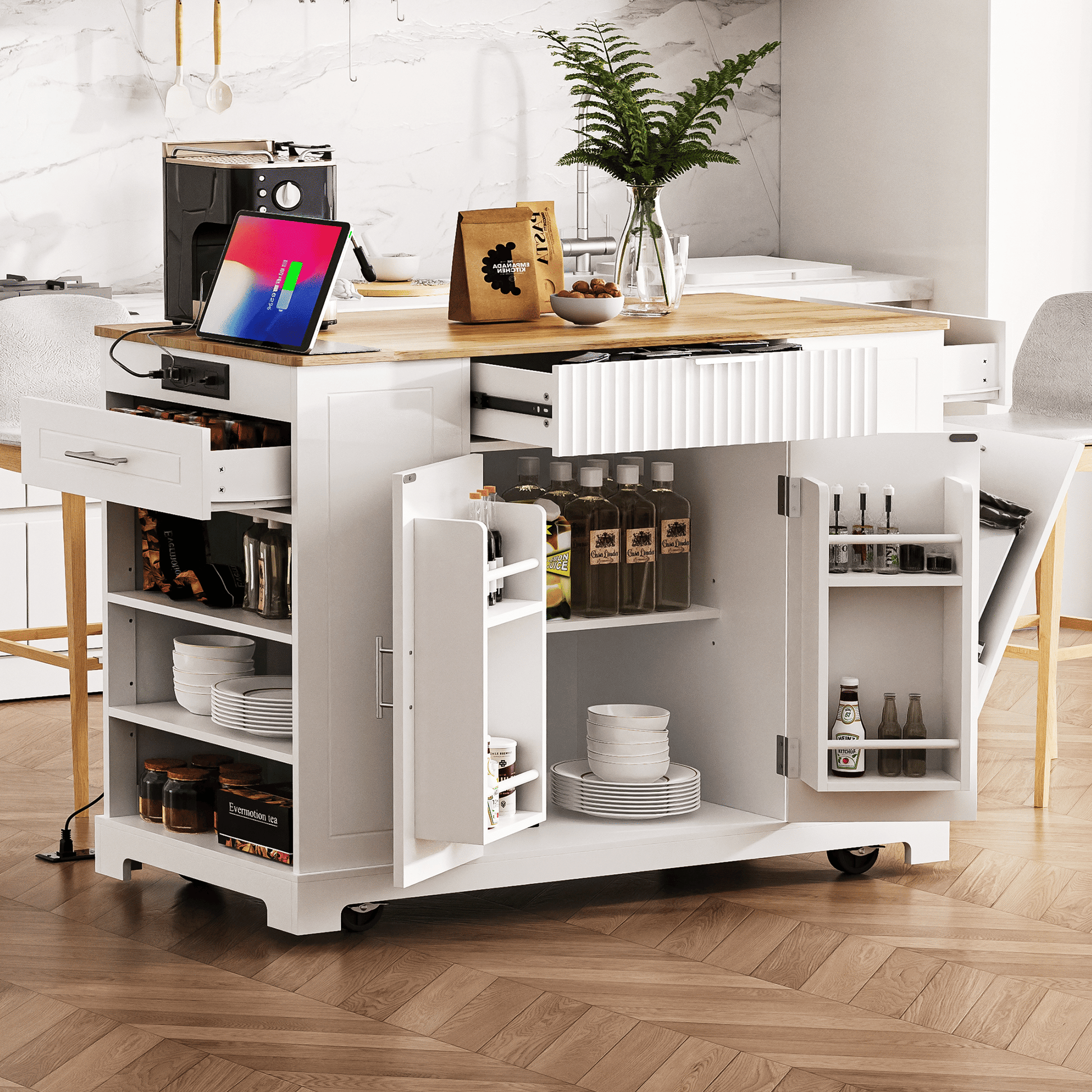 Fluted Kitchen Island with Trash Can Storage Cabinet, Power Outlet, Internal Storage Rack, Rolling Kitchen Islands on 5 Wheels with 3 Drawer, 3 Open Side Racks for 10 Gallon Garbage Bin - luxuryhomedecoridea.com