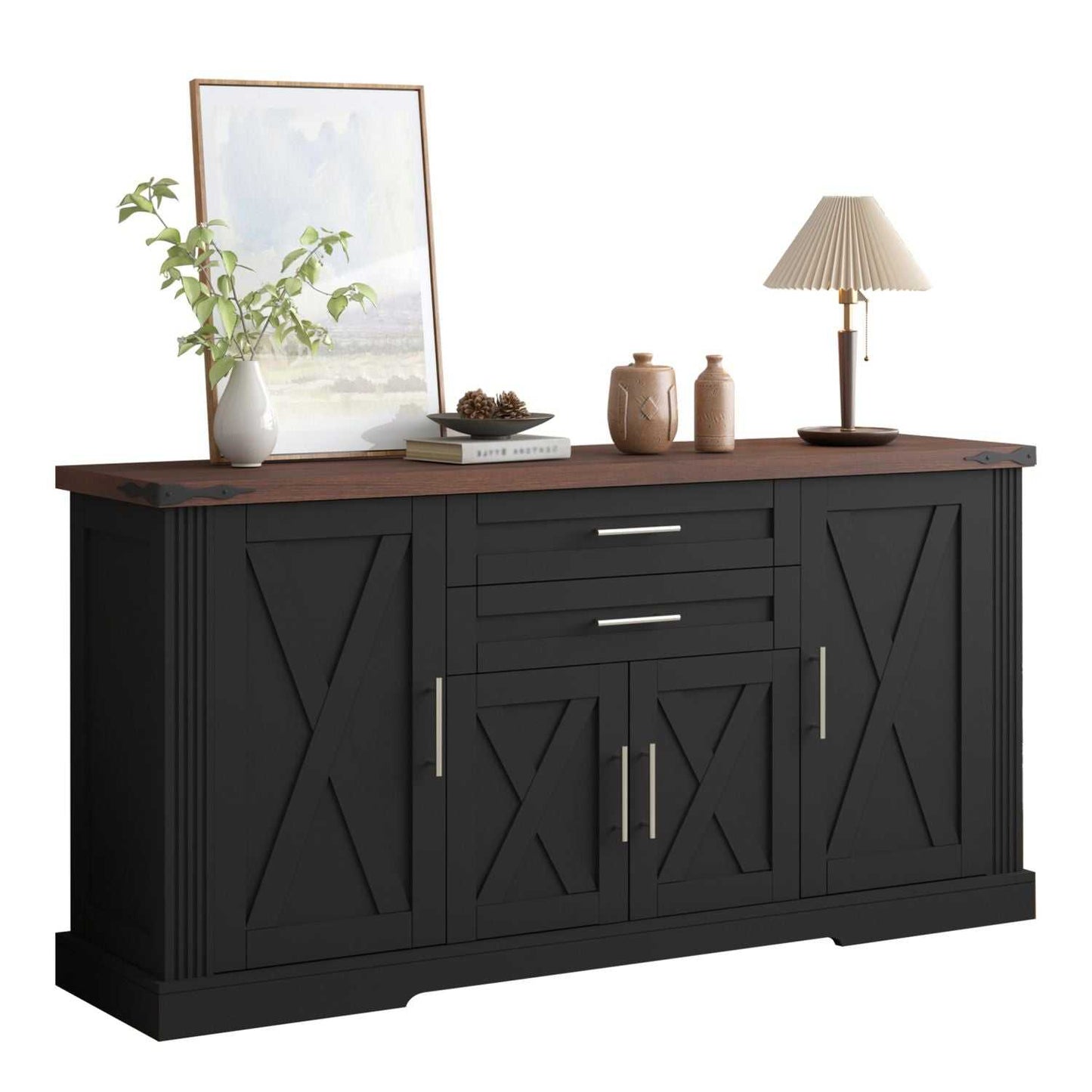 63" Farmhouse Barn Door Storage Cabinet with 2 Drawers & Door Rack, Large Buffet Table Coffee Bar Cabinets with Adjustable Shelves for Kitchen, Living Room, Entryway, Dining Room, Black - luxuryhomedecoridea.com