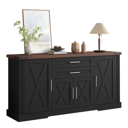 63" Farmhouse Barn Door Storage Cabinet with 2 Drawers & Door Rack, Large Buffet Table Coffee Bar Cabinets with Adjustable Shelves for Kitchen, Living Room, Entryway, Dining Room, Black - luxuryhomedecoridea.com