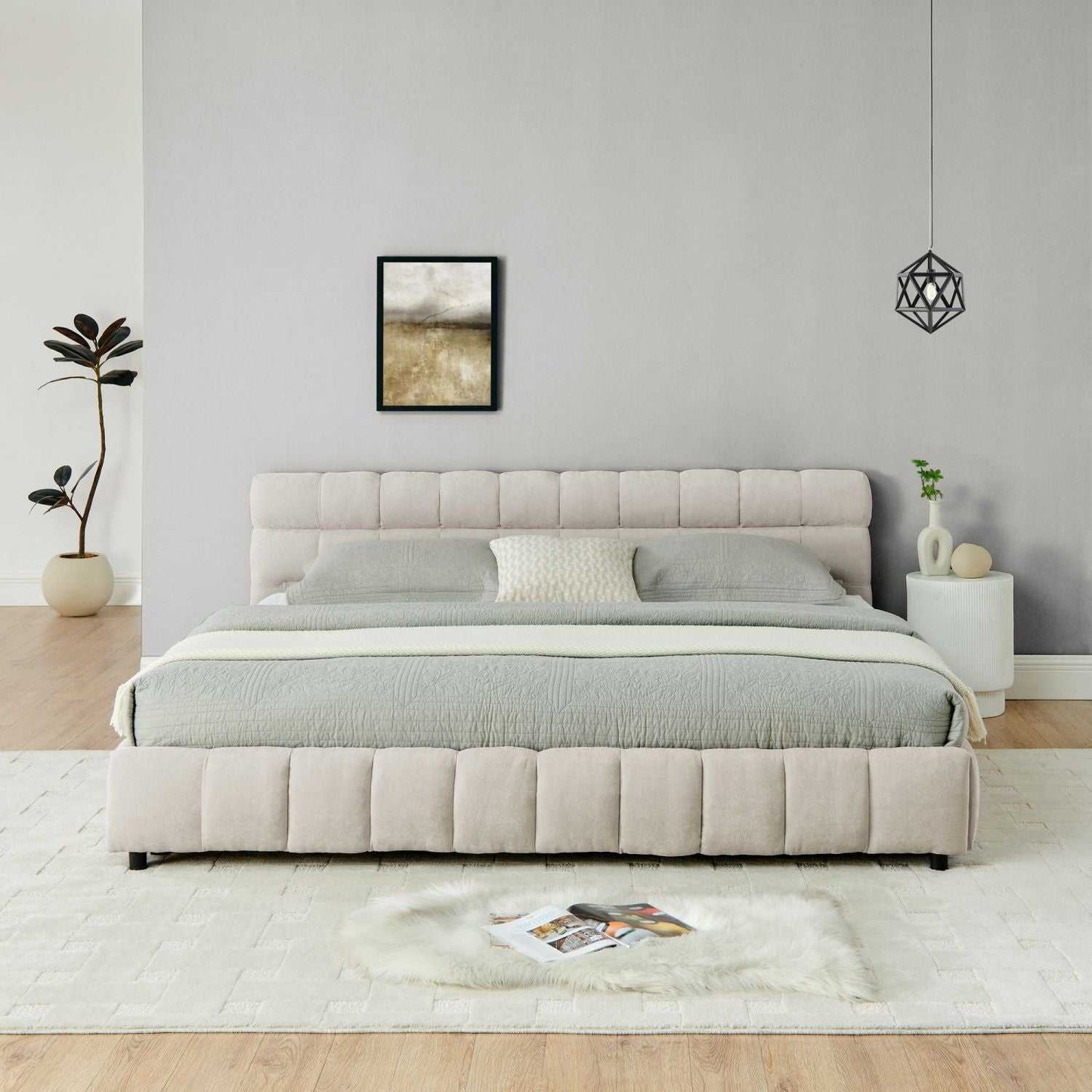 King Size Upholstered Bed ,comfortable upholstered bed frame, Chenille fabric, with headboard and solid bed frame. With drawer for storage.-Beige(88.5''*85.5''*31'') - luxuryhomedecoridea.com
