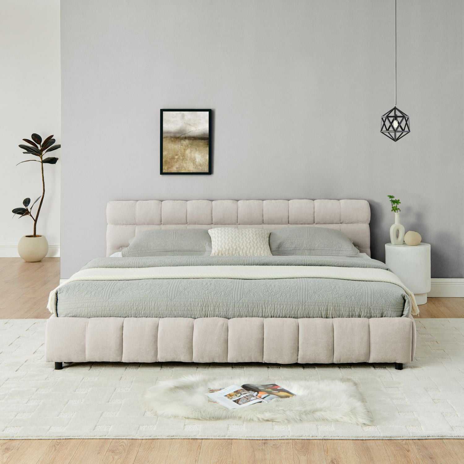 King Size Upholstered Bed ,comfortable upholstered bed frame, Chenille fabric, with headboard and solid bed frame. With drawer for storage.-Beige(88.5''*85.5''*31'') - luxuryhomedecoridea.com
