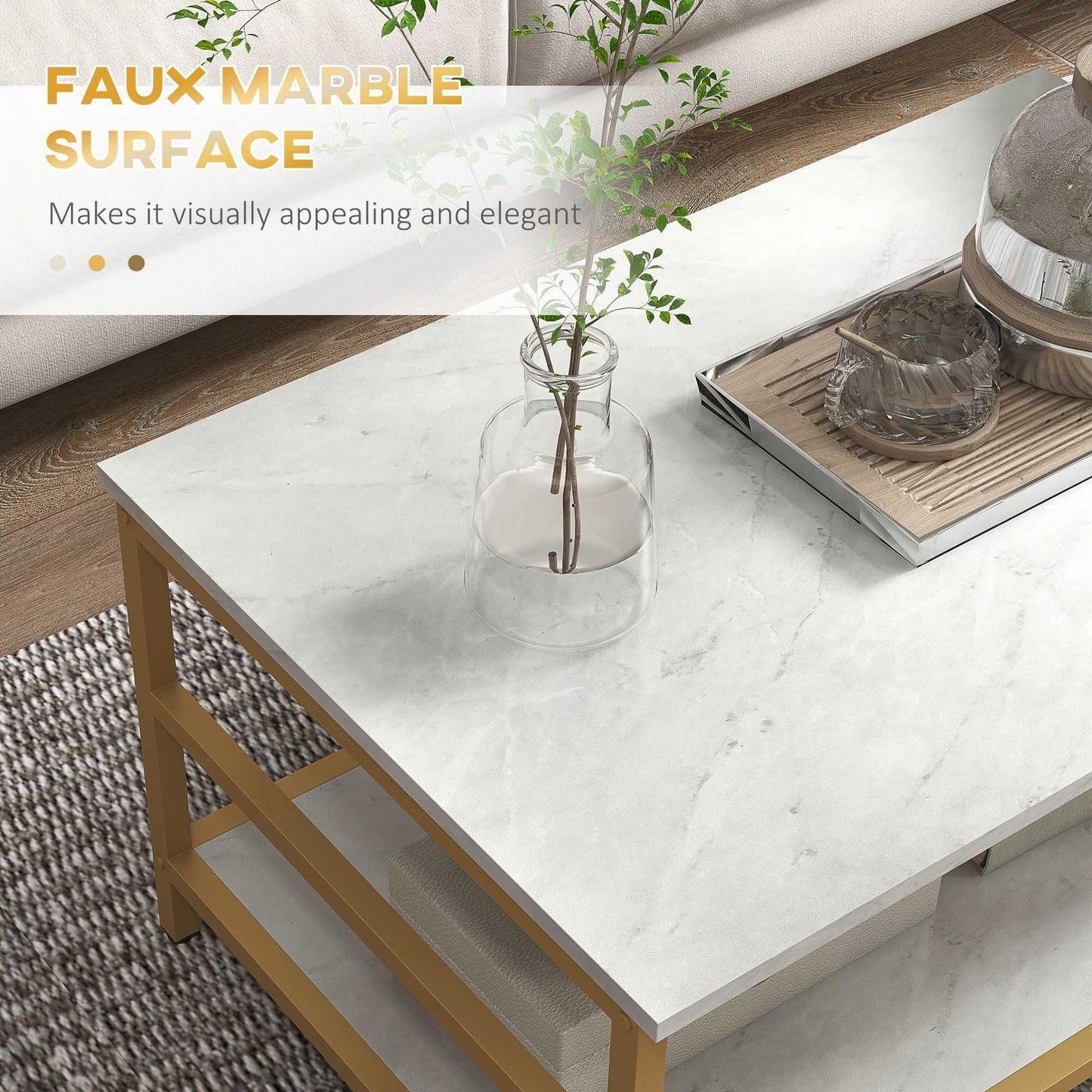 Coffee Tables Sets of 2, Rectangle and Round Coffee Table with Storage Shelves, Faux Marble Top, Living Room Table Set, White - luxuryhomedecoridea.com