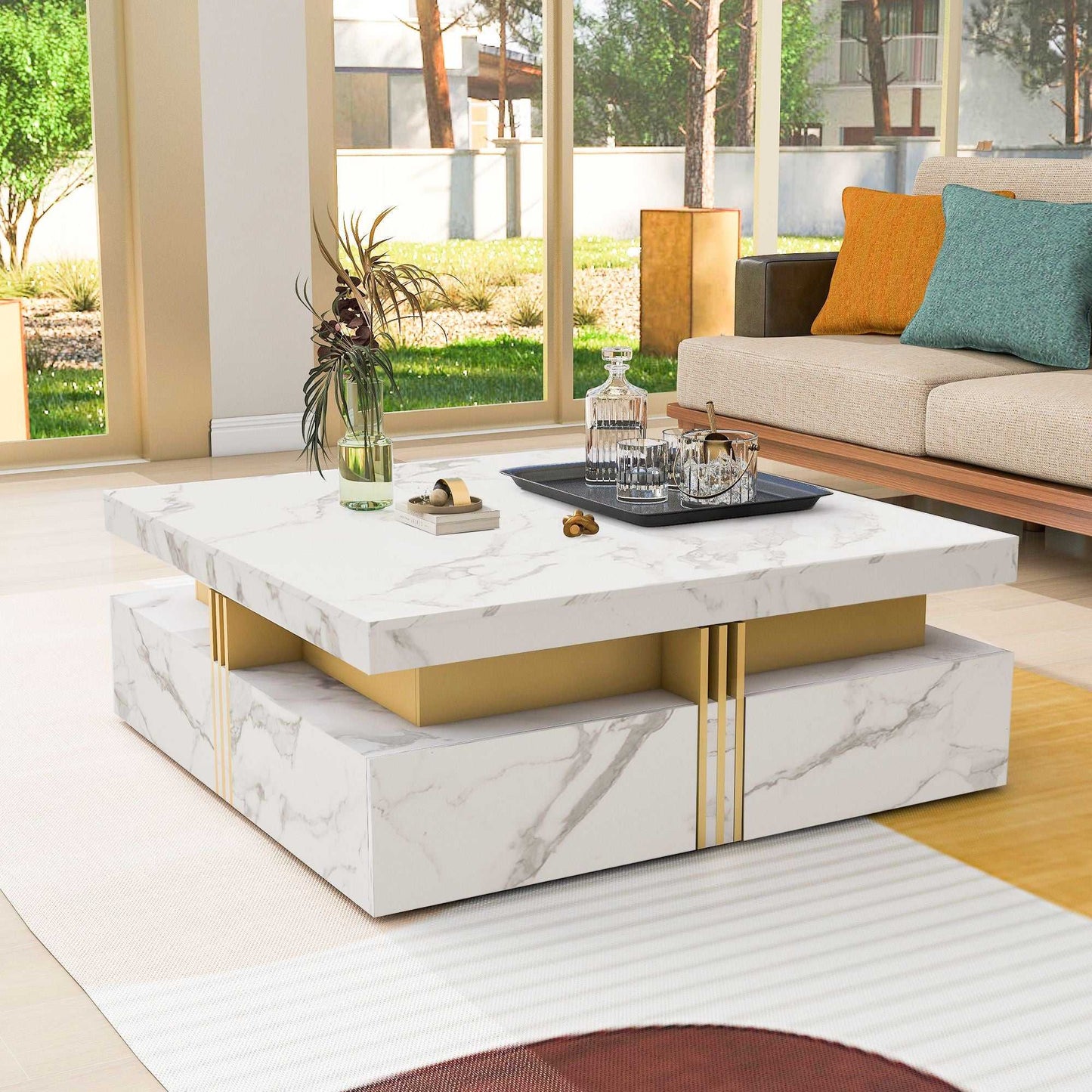 Modern Square Storage Coffee Table With 4 Drawers - luxuryhomedecoridea.com