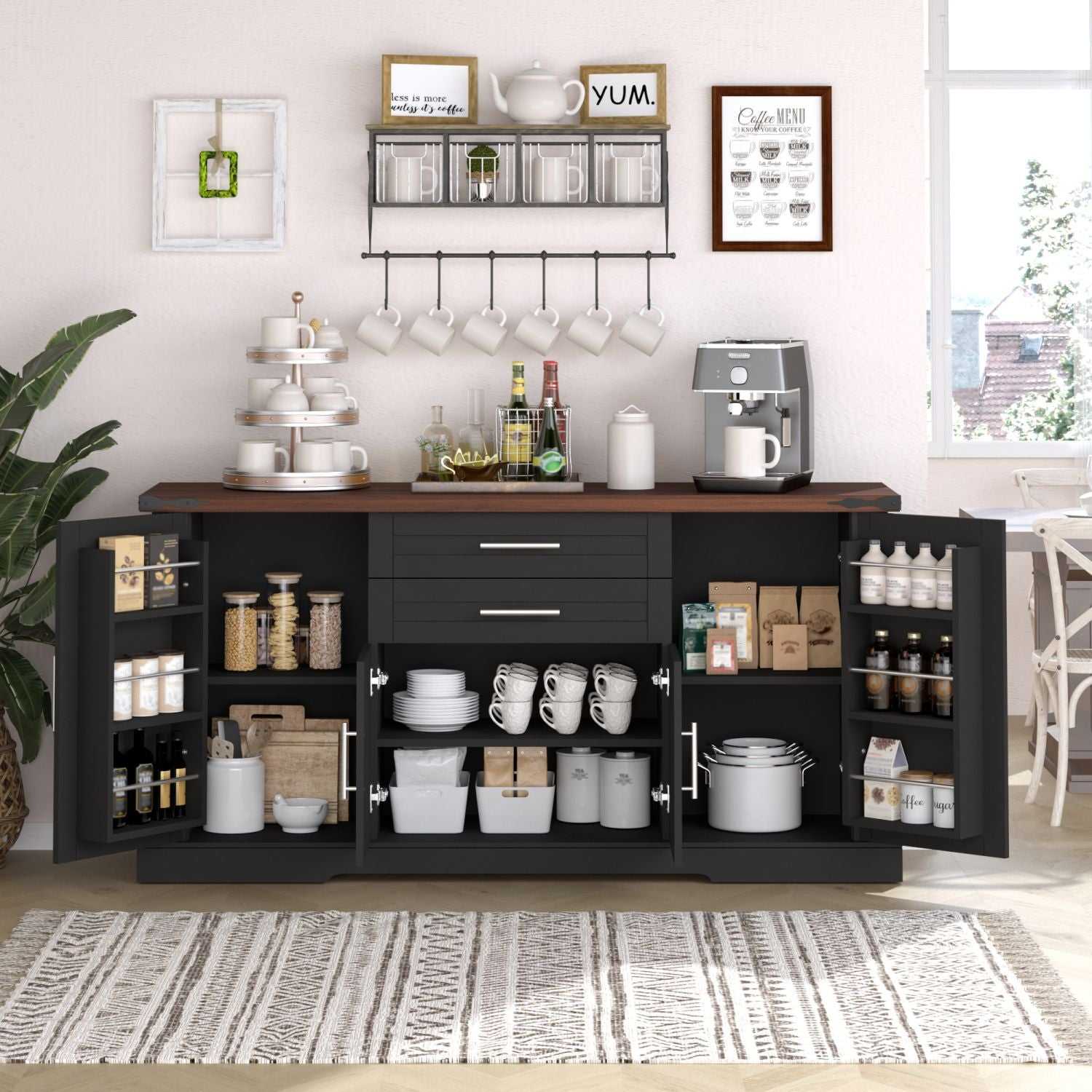 63" Farmhouse Barn Door Storage Cabinet with 2 Drawers & Door Rack, Large Buffet Table Coffee Bar Cabinets with Adjustable Shelves for Kitchen, Living Room, Entryway, Dining Room, Black - luxuryhomedecoridea.com