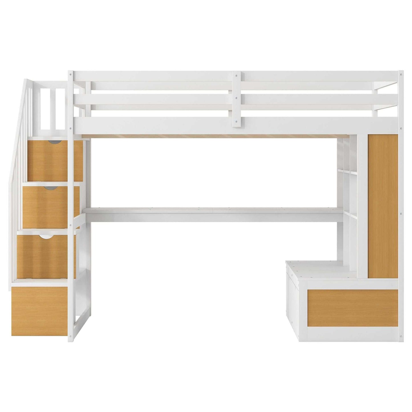 Full Size Loft Bed with Desk and Shelves, Two Built-in Drawers, Storage Staircase, White and Natural - luxuryhomedecoridea.com