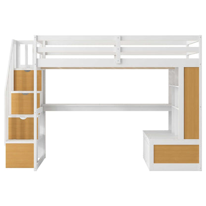 Full Size Loft Bed with Desk and Shelves, Two Built-in Drawers, Storage Staircase, White and Natural - luxuryhomedecoridea.com