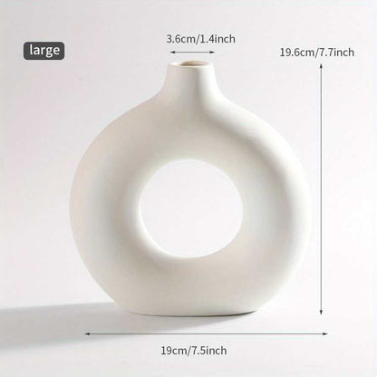 1pc; White Ceramic Vase White Vases For Decor; Modern Home Decor Vase; Boho Vases For Decor; Circle Vase; Round Vase; Donut Vase; Decorative Vase - luxuryhomedecoridea.com