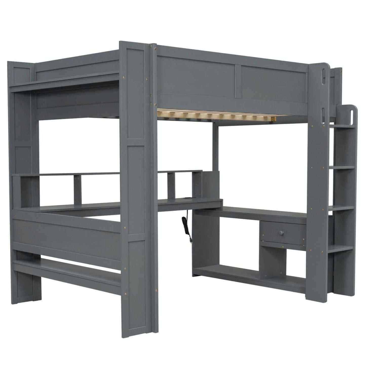 Wood Full Size Gaming Loft Bed with Desk, Multi-storage Shelves, LED and Charging Station, Dark Gray(Old SKU:SM000374AAE) - luxuryhomedecoridea.com