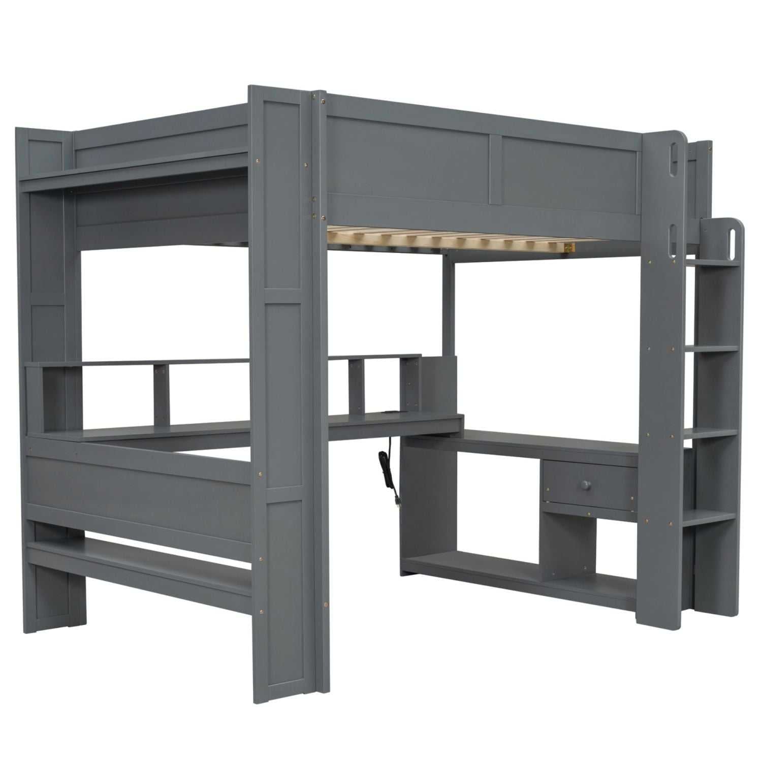 Wood Full Size Gaming Loft Bed with Desk, Multi-storage Shelves, LED and Charging Station, Dark Gray(Old SKU:SM000374AAE) - luxuryhomedecoridea.com