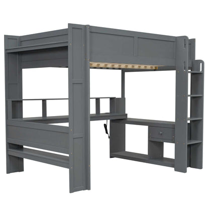 Wood Full Size Gaming Loft Bed with Desk, Multi-storage Shelves, LED and Charging Station, Dark Gray(Old SKU:SM000374AAE) - luxuryhomedecoridea.com