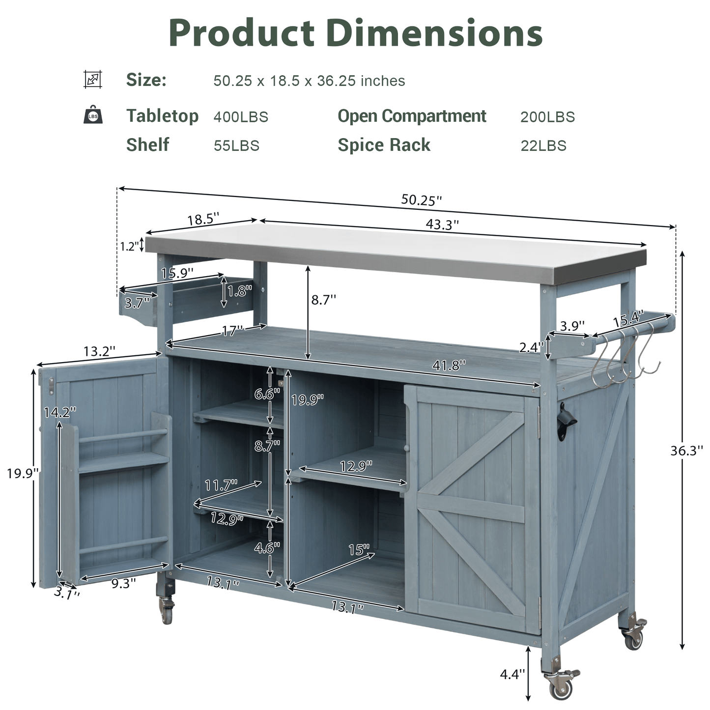 K&K Outdoor Kitchen Island, Rolling Bar Cart & Storage Cabinet, Farmhouse Solid Wood Outdoor Grill Table with Stainless Steel Top, Spice Rack , Towel Rack for Kitchen & BBQ , Grey Blue - luxuryhomedecoridea.com