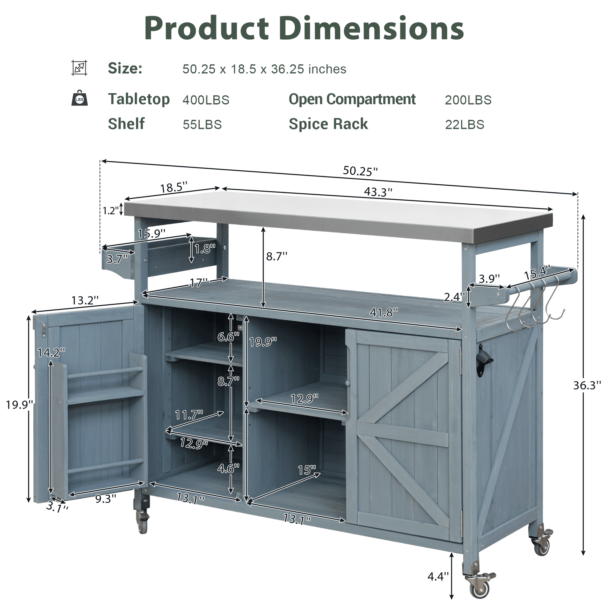 K&K Outdoor Kitchen Island, Rolling Bar Cart & Storage Cabinet, Farmhouse Solid Wood Outdoor Grill Table with Stainless Steel Top, Spice Rack , Towel Rack for Kitchen & BBQ , Grey Blue - luxuryhomedecoridea.com