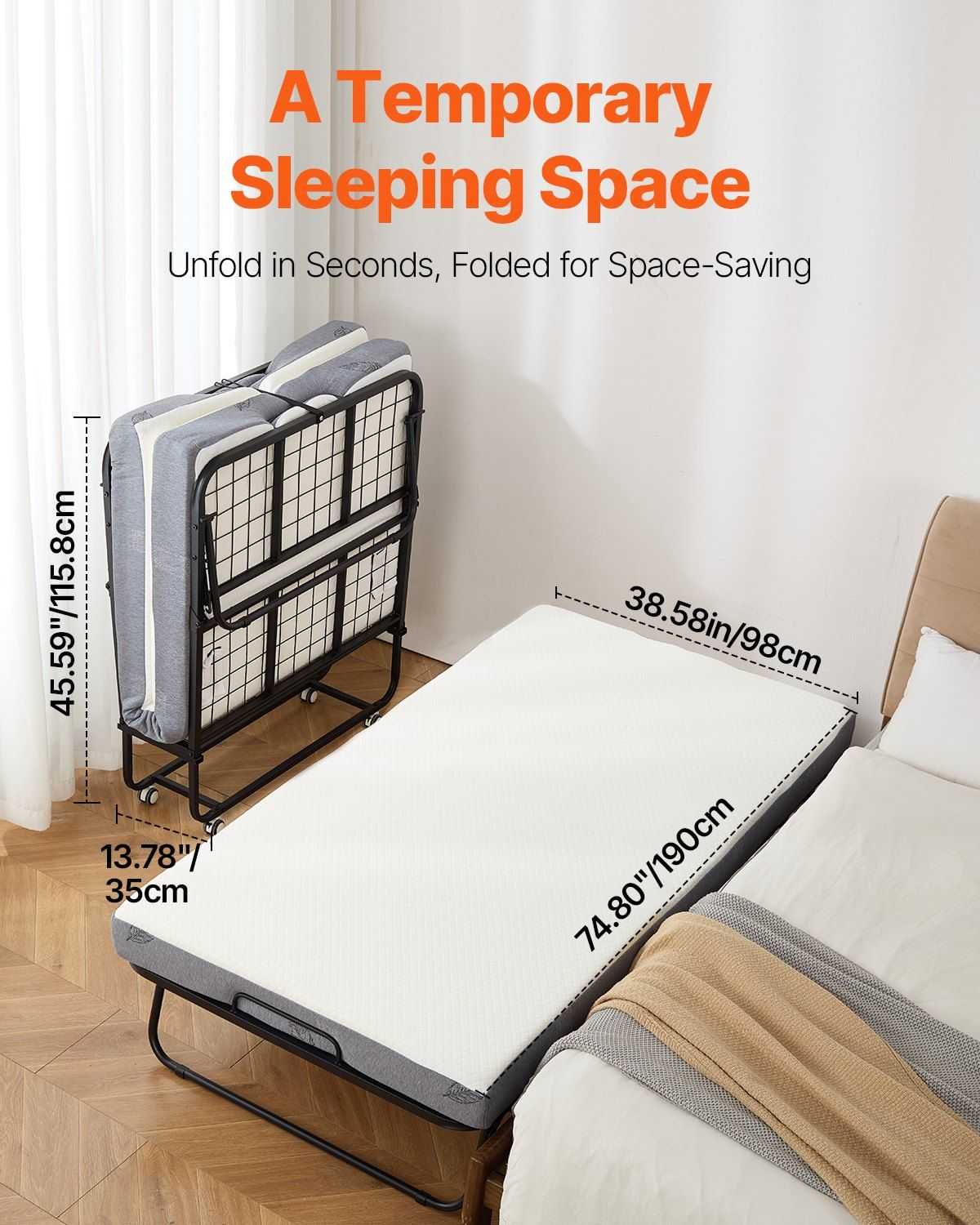 VEVOR Rollaway Bed, 38 in x 75 in Folding Bed with 5 in Mattress, Twin Size Foldable Bed with Sturdy Metal Frame & Memory Foam Mattress, Portable Twin Roll Away Bed with Mattress, for Adults, Guest - luxuryhomedecoridea.com