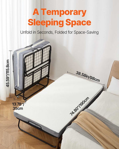 VEVOR Rollaway Bed, 38 in x 75 in Folding Bed with 5 in Mattress, Twin Size Foldable Bed with Sturdy Metal Frame & Memory Foam Mattress, Portable Twin Roll Away Bed with Mattress, for Adults, Guest - luxuryhomedecoridea.com