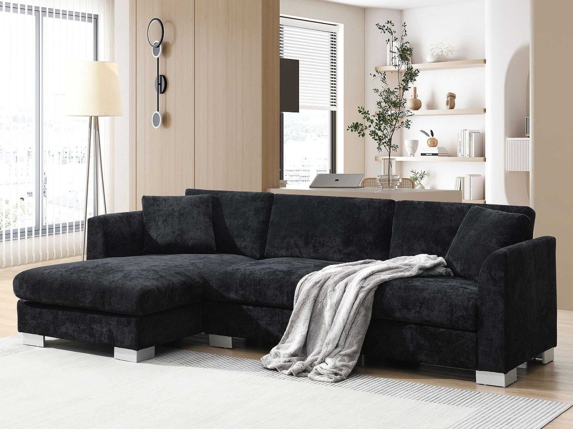 [VIDEO provided][New] 96*56" Modern Cloud Sectional Sofa,L-shaped Luxury Couch Set with 2 Free pillows,4-seat Chenille Indoor Furniture with Oversized Chaise for Living Room,Apartment,Office,3 Colors - luxuryhomedecoridea.com