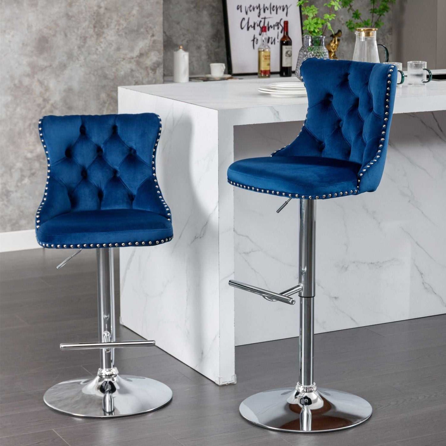 Swivel Velvet Barstools Adjusatble Seat Height from 25-33 Inch, Chrome base Bar Stools with Backs Comfortable Tufted for Home Pub and Kitchen Island,Set of 2,AS1712BL,Blue - luxuryhomedecoridea.com