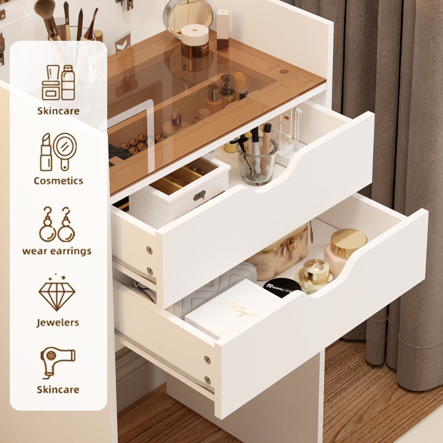 Dressing Table and Stool, 3-in-1 Multifunctional Dressing Table Set, Featuring Three-color Lighting Modes, HD Mirror, Two Sliding Drawers, and a Hidden Storage Stool - luxuryhomedecoridea.com