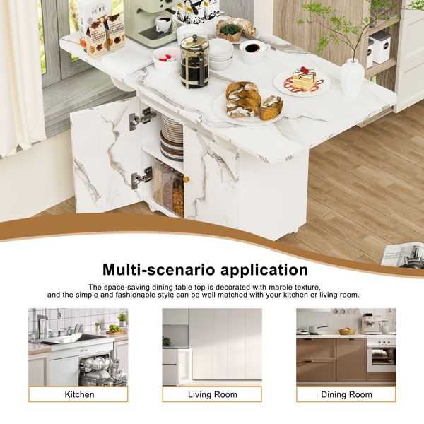 47" Wood Folding Dining Table with storage rack and cabinet, Removable Entryway Table with 6 Wheels, White Marble Color Kitchen Island, Side Table and Coffee Table Versatile Table Space Saving - luxuryhomedecoridea.com