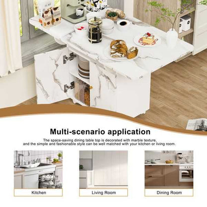 47" Wood Folding Dining Table with storage rack and cabinet, Removable Entryway Table with 6 Wheels, White Marble Color Kitchen Island, Side Table and Coffee Table Versatile Table Space Saving - luxuryhomedecoridea.com