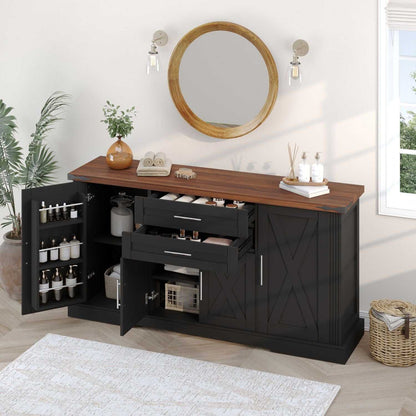 63" Farmhouse Barn Door Storage Cabinet with 2 Drawers & Door Rack, Large Buffet Table Coffee Bar Cabinets with Adjustable Shelves for Kitchen, Living Room, Entryway, Dining Room, Black - luxuryhomedecoridea.com