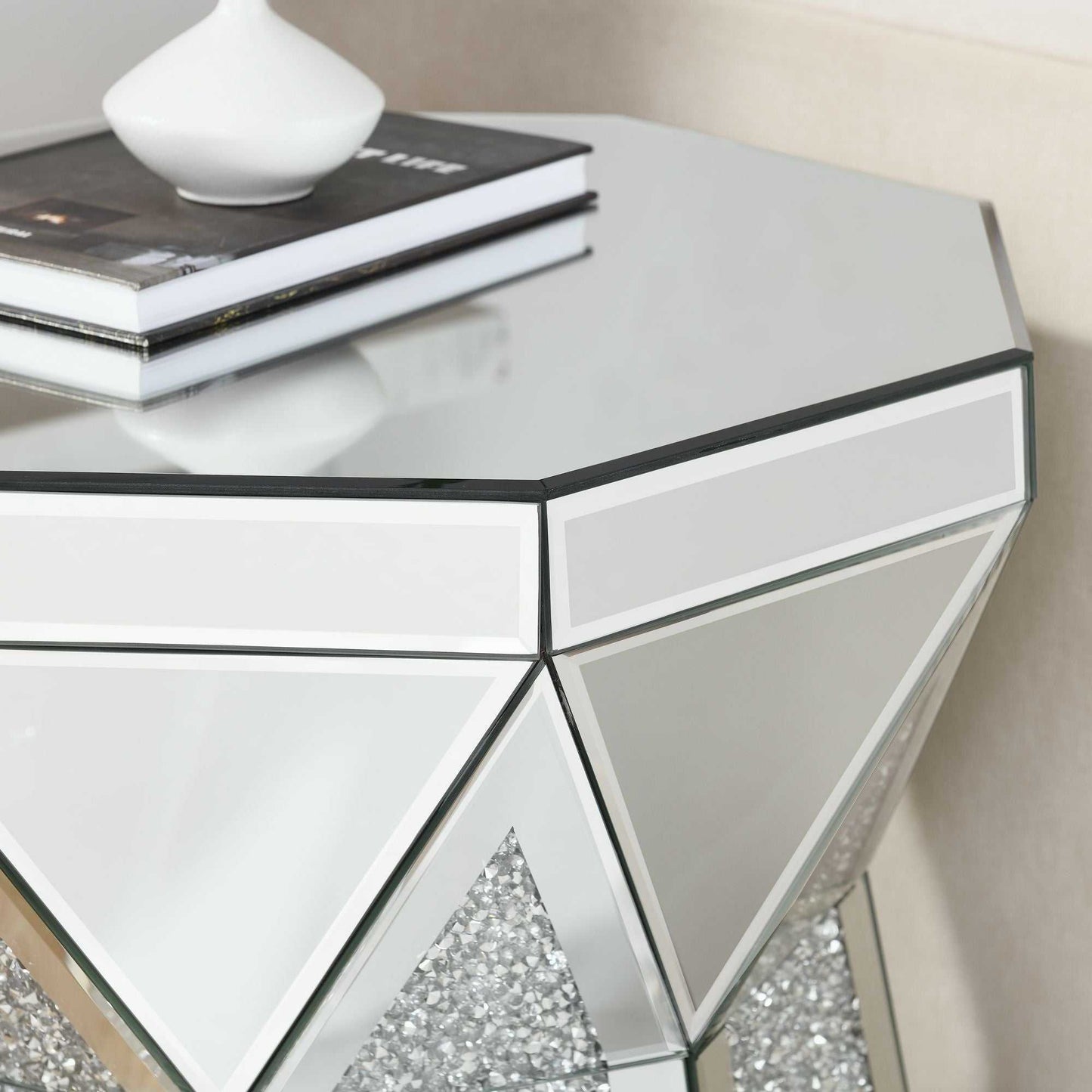 Drum style coffee table with mirror crystal inlay, polygonal silver decorative table, modern design luxury modern furniture, 20 inch (about 50 centimeters) low coffee table, suitable for living room - luxuryhomedecoridea.com