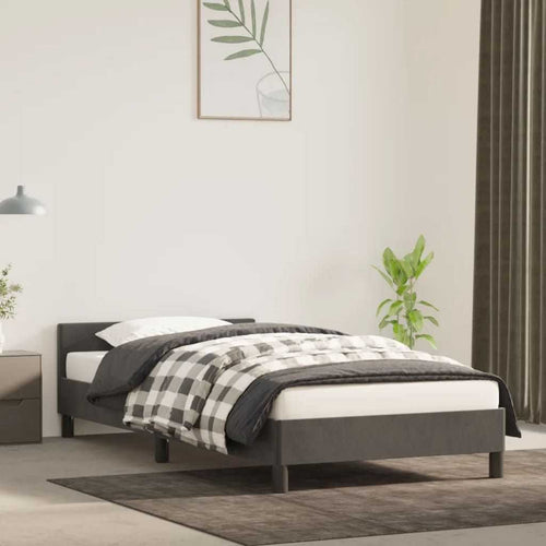 Bed Frame With Headboard Dark Grey Velvet, Plywood, Engineered Wood - luxuryhomedecoridea.com
