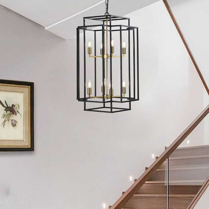 (Same as W1340142524/L1018-G) 18" Modern 8-Light Black Gold Geometric Pendant Chandelier, Industrial Metal Frame, Adjustable Hanging Light for Living Room, Dining Room, Kitchen (No Bulbs) - luxuryhomedecoridea.com