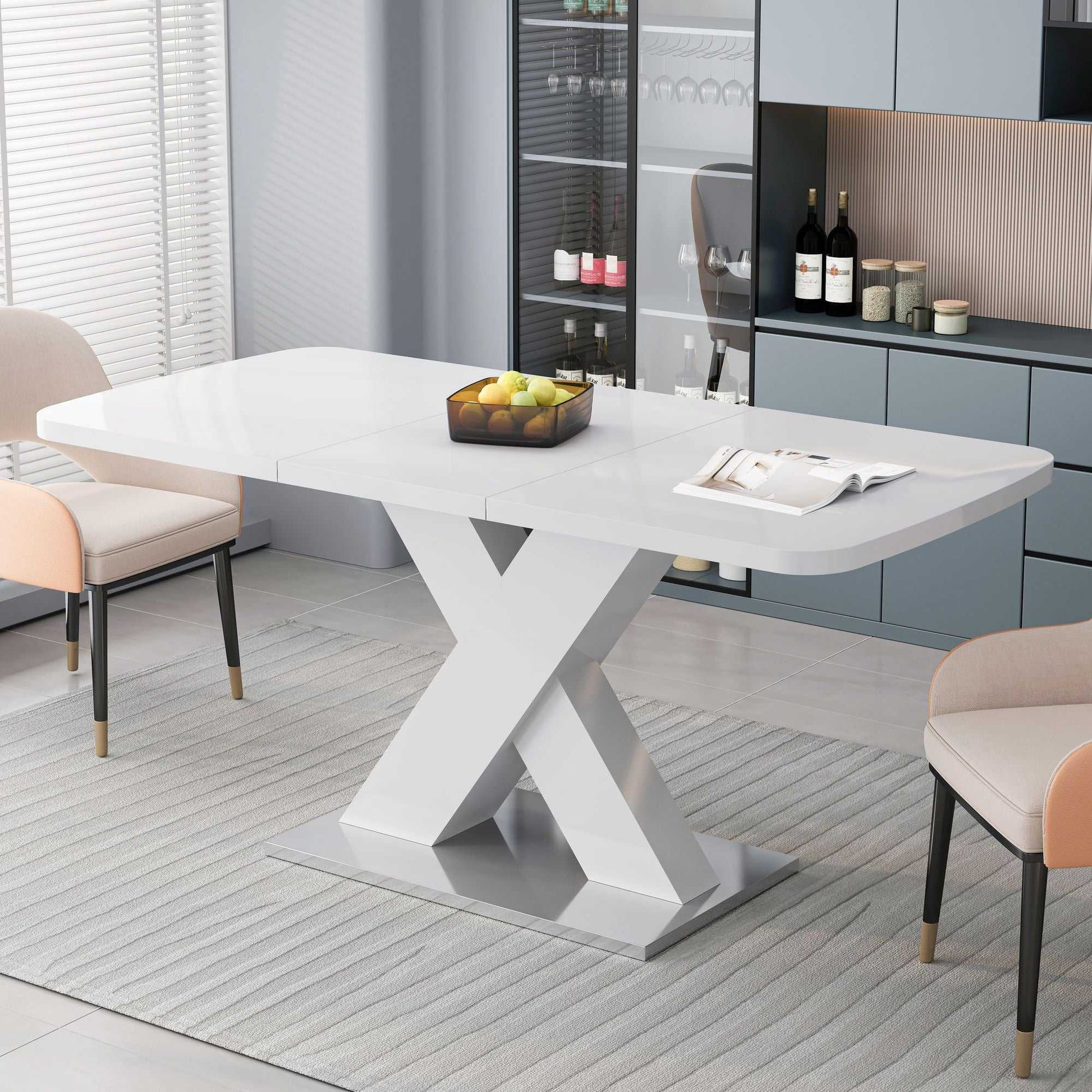 Modern Square Dining Table, Stretchable, White Table Top+MDF X-Shape Table Leg with Metal Base - luxuryhomedecoridea.com