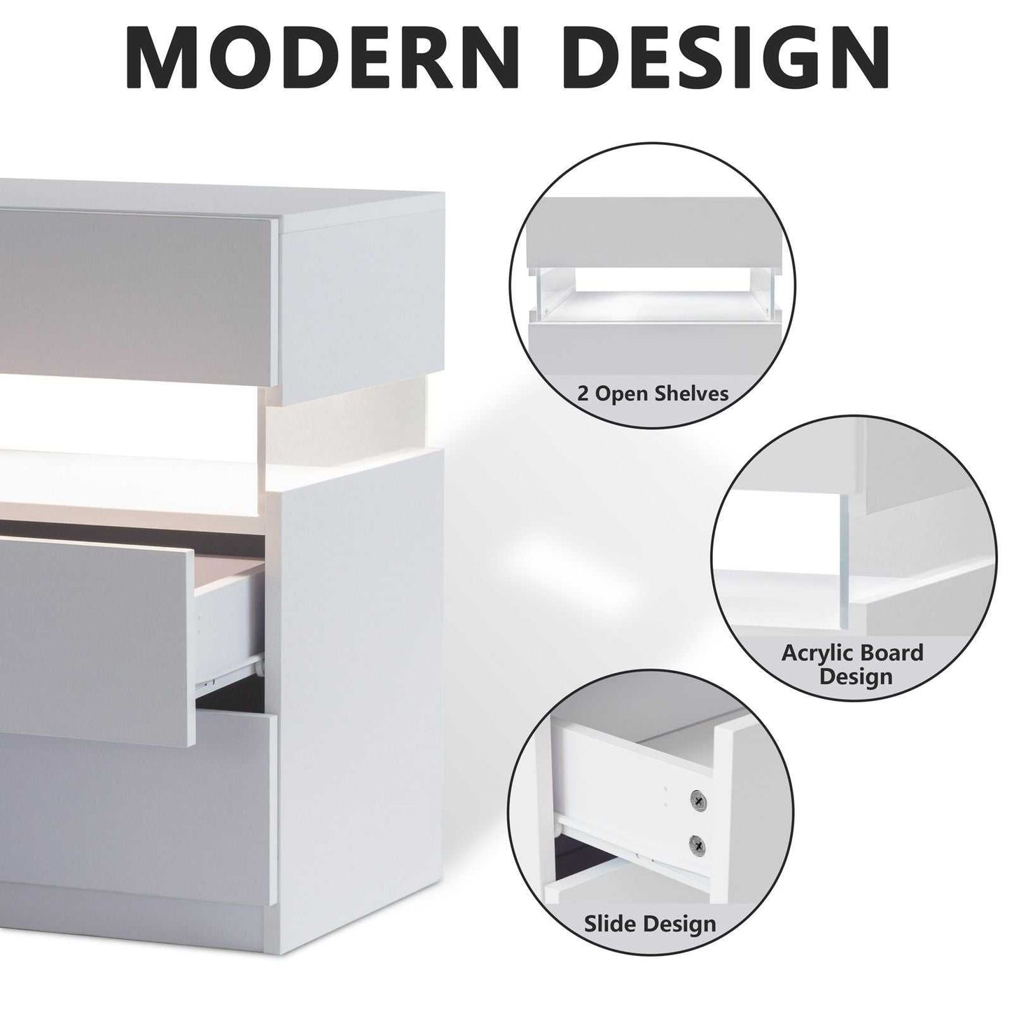 LED Nightstands 3 Drawer Dresser for Bedroom End Table with Acrylic Board LED Bedside Tables for Bedroom Living Room Bedside Furniture (White) - luxuryhomedecoridea.com