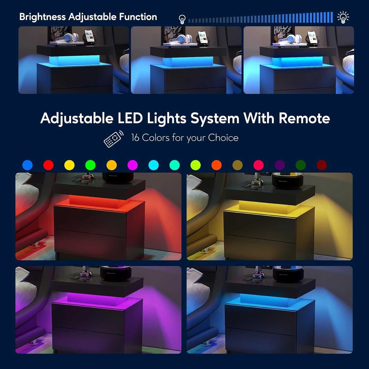 Nightstand LED Bedside Table Cabinet Lights Modern End Side with 2 Drawers for Bedroom (Black) - luxuryhomedecoridea.com
