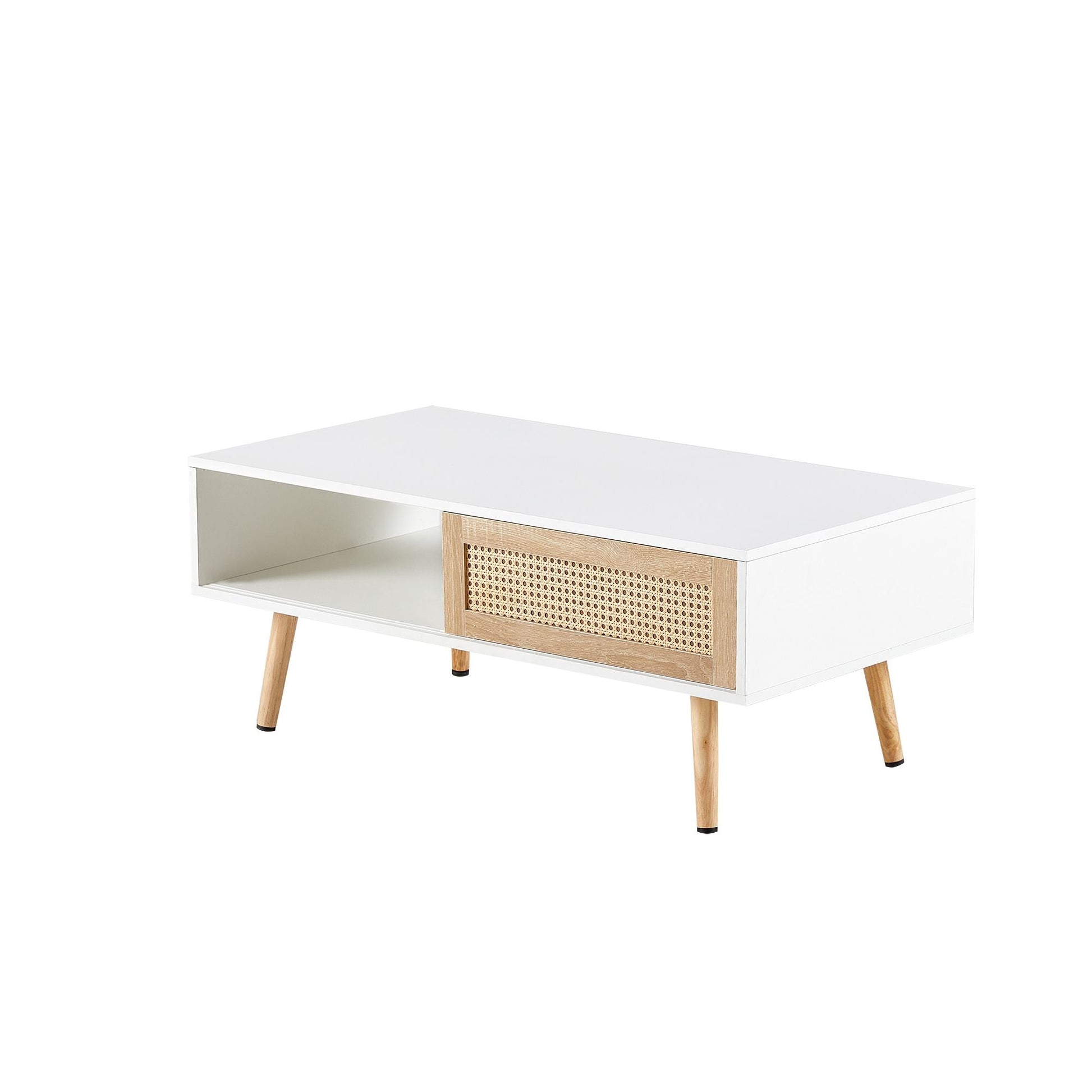 41.34" Rattan Coffee table, sliding door for storage, solid wood legs, Modern table for living room - luxuryhomedecoridea.com