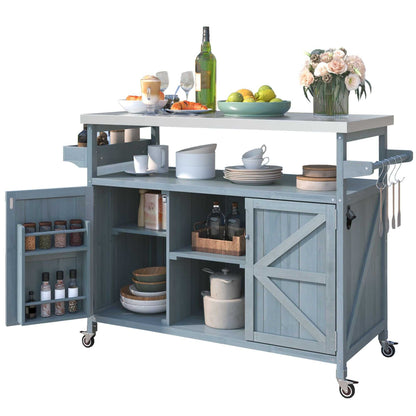 K&K Outdoor Kitchen Island, Rolling Bar Cart & Storage Cabinet, Farmhouse Solid Wood Outdoor Grill Table with Stainless Steel Top, Spice Rack , Towel Rack for Kitchen & BBQ , Grey Blue - luxuryhomedecoridea.com