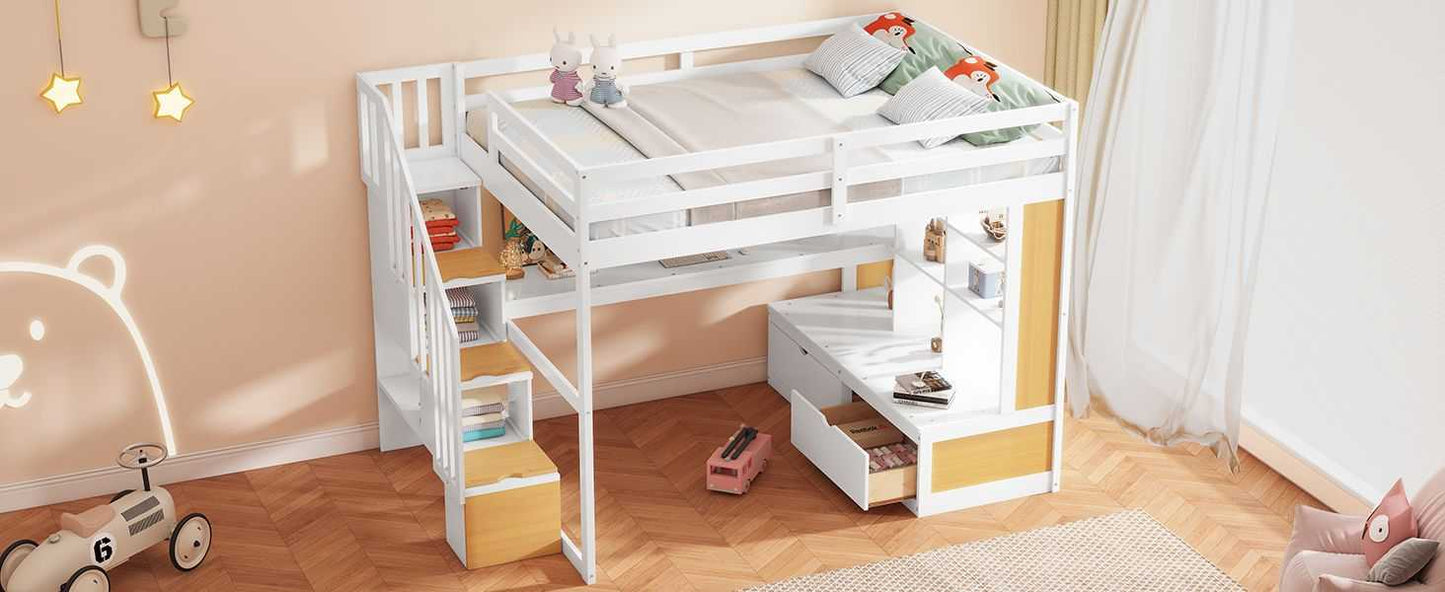 Full Size Loft Bed with Desk and Shelves, Two Built-in Drawers, Storage Staircase, White and Natural - luxuryhomedecoridea.com