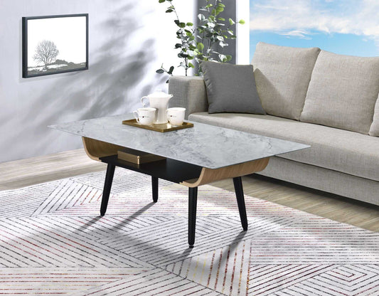 Landon 47" Coffee Table with Glass Gray Marble Texture Top and Bent Wood Design - luxuryhomedecoridea.com