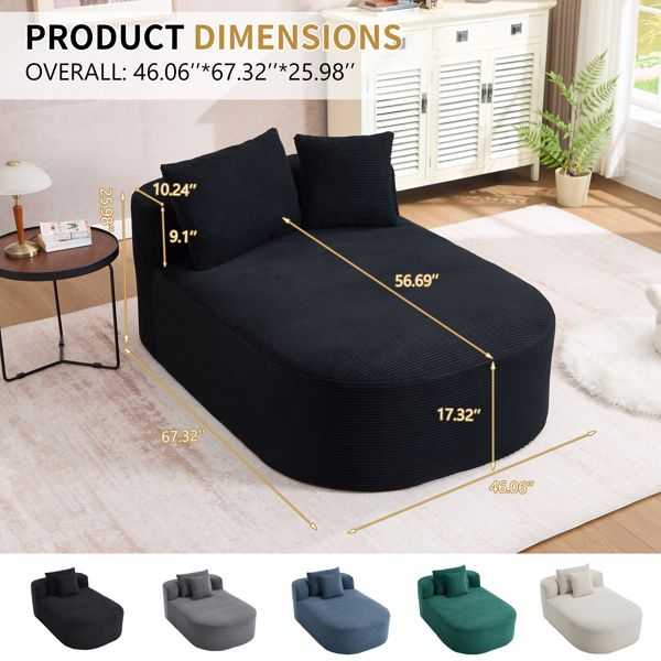 67.5''Chaise Lounge Chair 46'' Wide Seat Indoor Corduroy Oversized Sleeper Sofa for Living Room Deep Seat Lounge and Two Soft Pillows Convertible Boneless Sofa Bed, Black,No Assembly Required - luxuryhomedecoridea.com