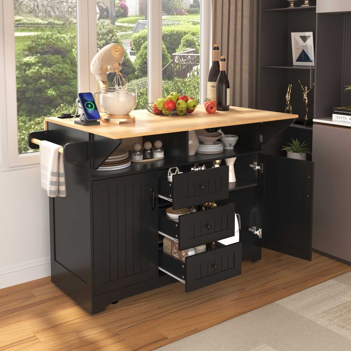 55.7" Large Kitchen Island with 2 Drop Leaf,Rolling Kitchen Cart on 5 Wheels with Power Outlet, Folding Storage Dining Table with Spice & Towel Rack , 3 Drawers, for Kitchen, Dining Room - luxuryhomedecoridea.com
