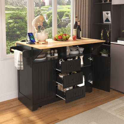 55.7" Large Kitchen Island with 2 Drop Leaf,Rolling Kitchen Cart on 5 Wheels with Power Outlet, Folding Storage Dining Table with Spice & Towel Rack , 3 Drawers, for Kitchen, Dining Room - luxuryhomedecoridea.com