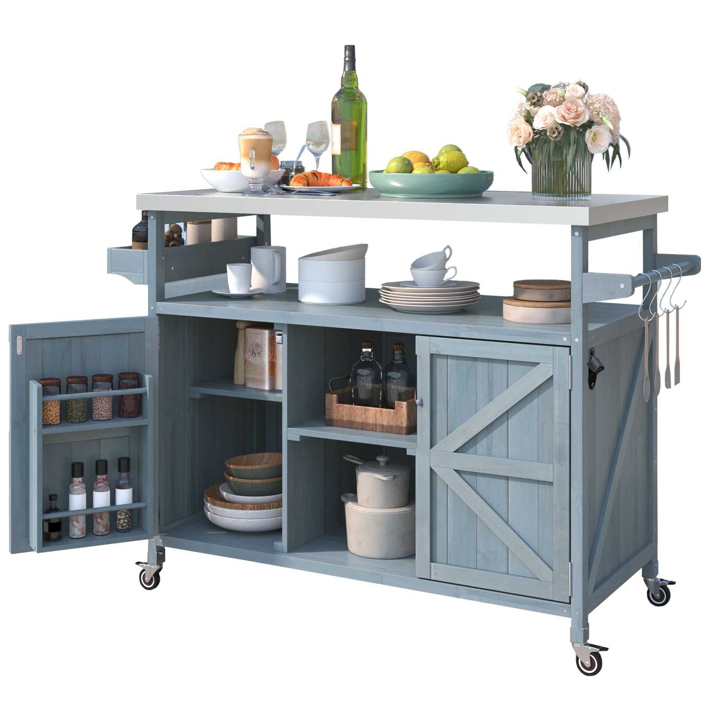 Outdoor Kitchen Island, Rolling Bar Cart & Storage Cabinet, Farmhouse Solid Wood Outdoor Grill Table with Stainless Steel Top, Spice Rack , Towel Rack for Kitchen & BBQ , Grey Blue - luxuryhomedecoridea.com