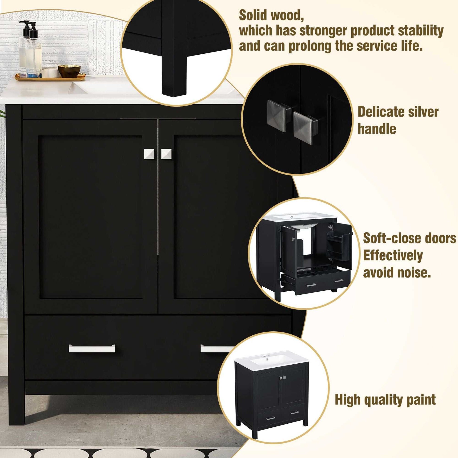 30" Bathroom Vanity with Single Sink, Combo Cabinet Undermount Sink, Bathroom Storage Cabinet with 2 Doors and a Drawer, Soft Closing, Multifunctional Storage, Solid Wood Frame - luxuryhomedecoridea.com
