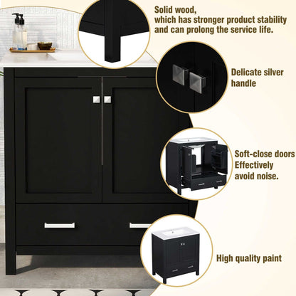30" Bathroom Vanity with Single Sink, Combo Cabinet Undermount Sink, Bathroom Storage Cabinet with 2 Doors and a Drawer, Soft Closing, Multifunctional Storage, Solid Wood Frame - luxuryhomedecoridea.com