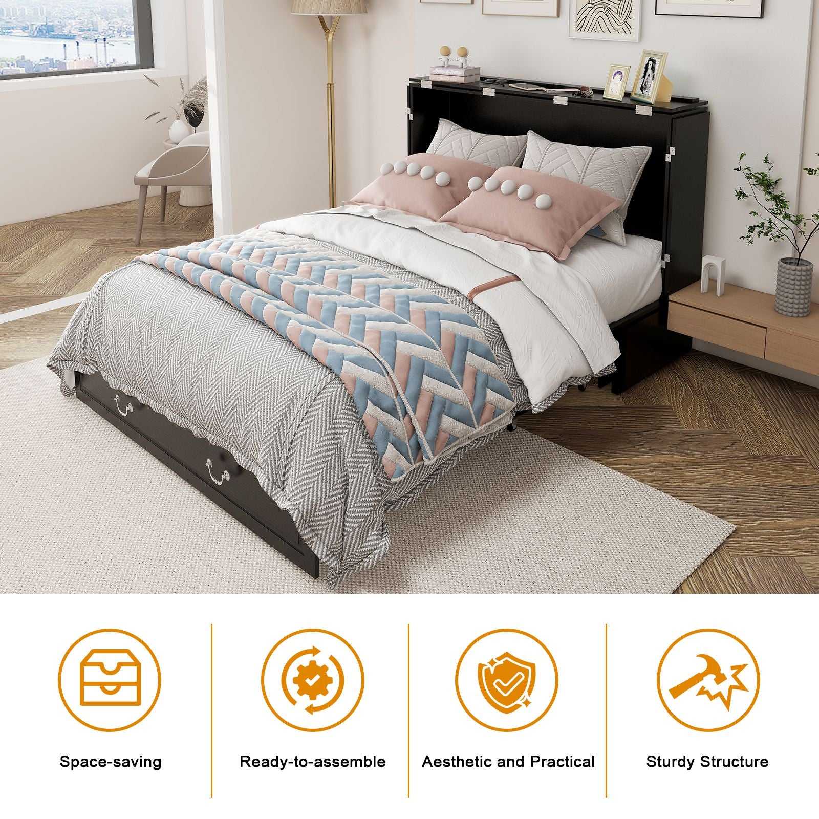 Queen Size Murphy Bed Frame with Drawers Murphy Chest Bed with Charging Station, 2 USB Ports Mobile Murphy Bed Sleeping Arrangement for Multipurpose Area for Bedroom Living Room Guest Room White&Wood - luxuryhomedecoridea.com