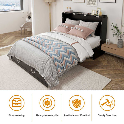 Queen Size Murphy Bed Frame with Drawers Murphy Chest Bed with Charging Station, 2 USB Ports Mobile Murphy Bed Sleeping Arrangement for Multipurpose Area for Bedroom Living Room Guest Room White&Wood - luxuryhomedecoridea.com