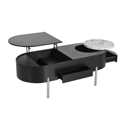 U-Can 47.2''Lift Top Coffee Table with 360-degree Marble-patterned rotating tray,Hidden Compartment, Partially Assembled Wooden Center Table, Modern Oval Lift Tabletop for Home Living Room - luxuryhomedecoridea.com