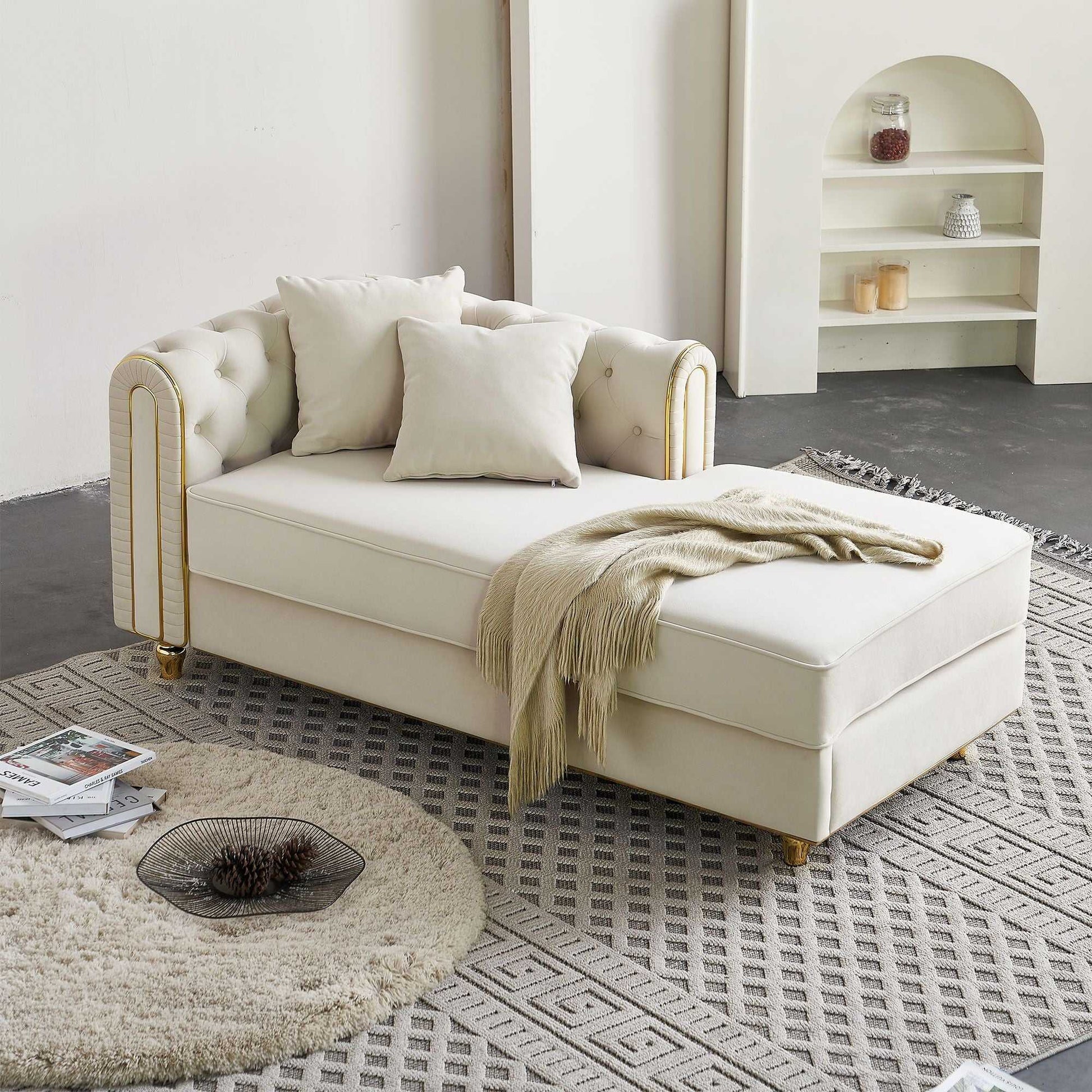 66.9''W Velvet Chaise Lounge,Luxury Modern Chaise Furniture,Tufted Back with 2pcs toss pillows for Living Room,Bedroom,Apartment,Beige Color - luxuryhomedecoridea.com