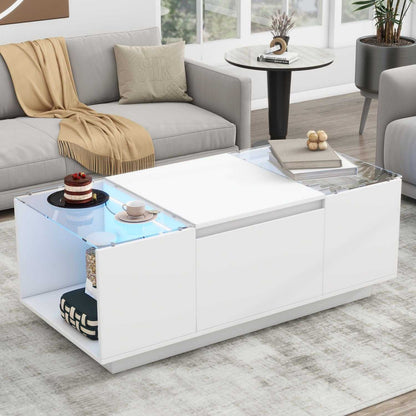 U-Can Led Coffee Table, Modern Center Table with High-Gloss Finish and Glass Tabletop, Coffee Table with Open Storage Compartment and 2 Hidden Drawers for Living Room - luxuryhomedecoridea.com