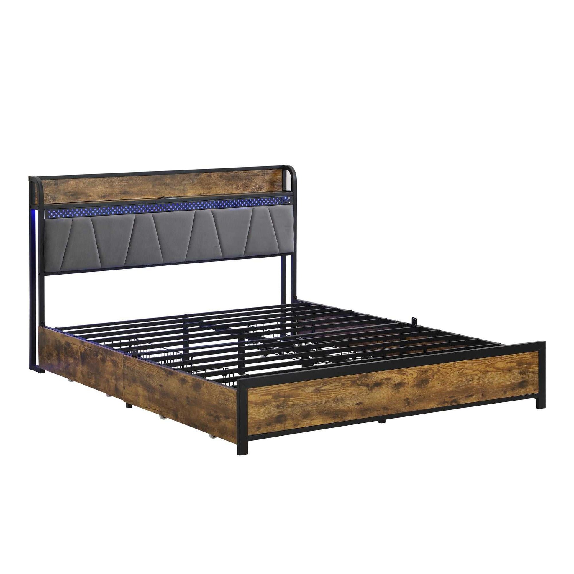 Queen Size Bed Frame, Storage Headboard with Charging Station and 4 Storage Drawers,LED Lights , Brown and Gray - luxuryhomedecoridea.com
