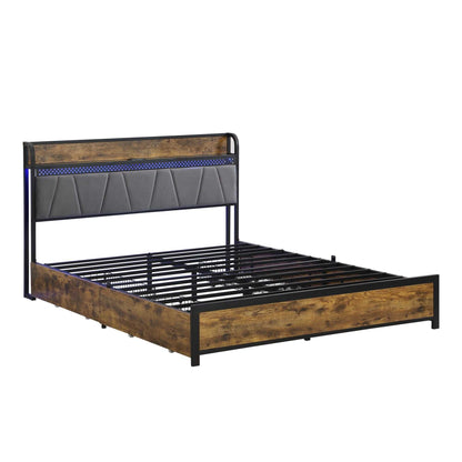 Queen Size Bed Frame, Storage Headboard with Charging Station and 4 Storage Drawers,LED Lights , Brown and Gray - luxuryhomedecoridea.com