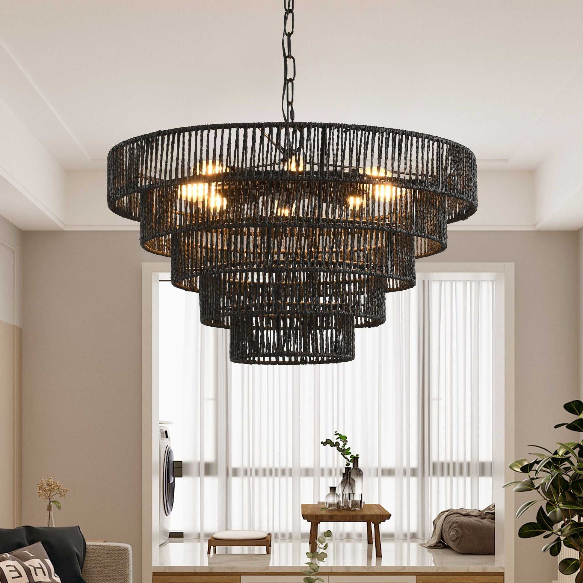 24" Rustic 5-Tier Black Hemp Rope Pendant Light Chandelier with 8 E12 Sockets, Boho Farmhouse Ceiling Fixture for Dining Room, Kitchen, or Entryway (Bulb Not Included) - luxuryhomedecoridea.com